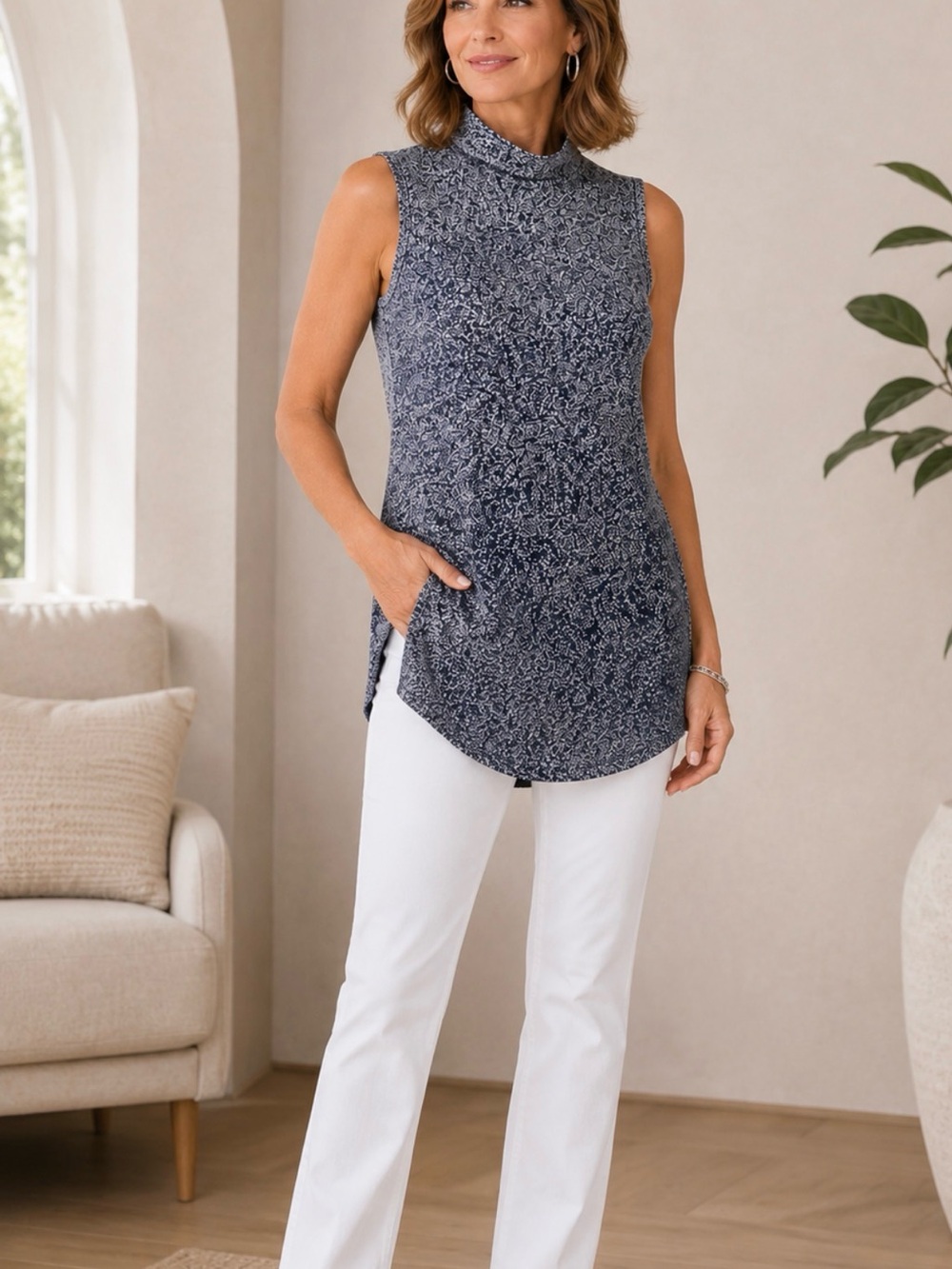 New Chicos 4 ombre Tonga Navy crewneck side slit softcore stretch coastal tunic